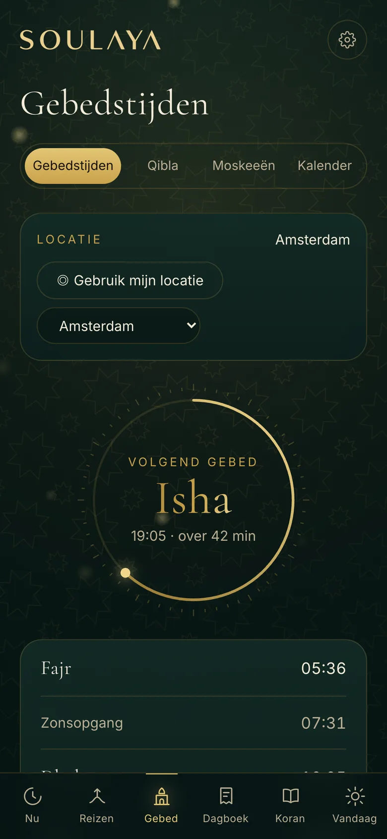 Gebedstijden, qibla en moskeeën in de buurt