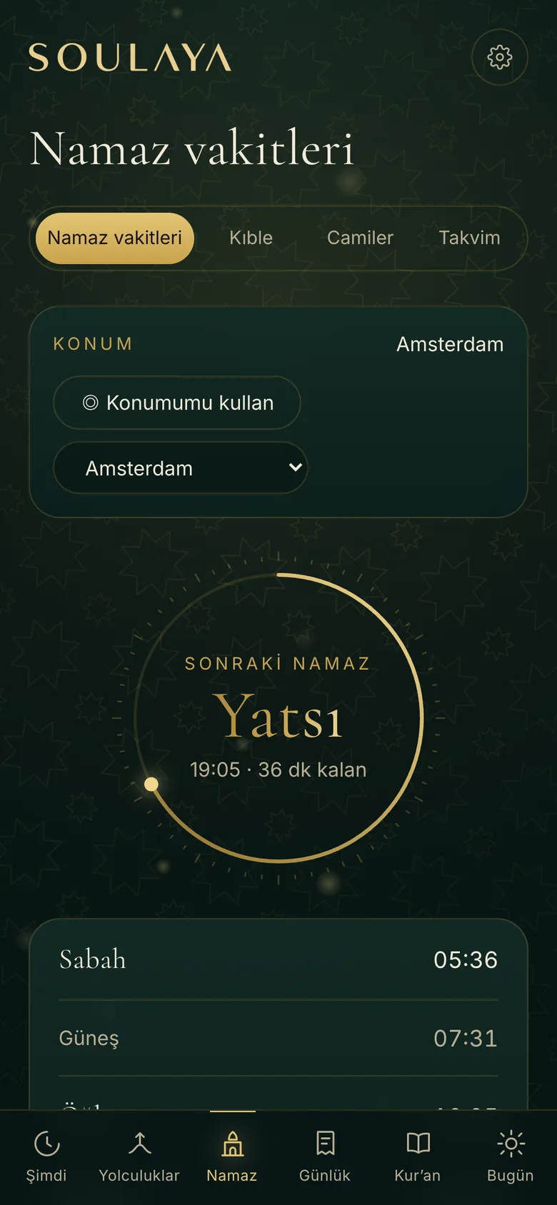 Namaz vakitleri, kıble ve yakındaki camiler